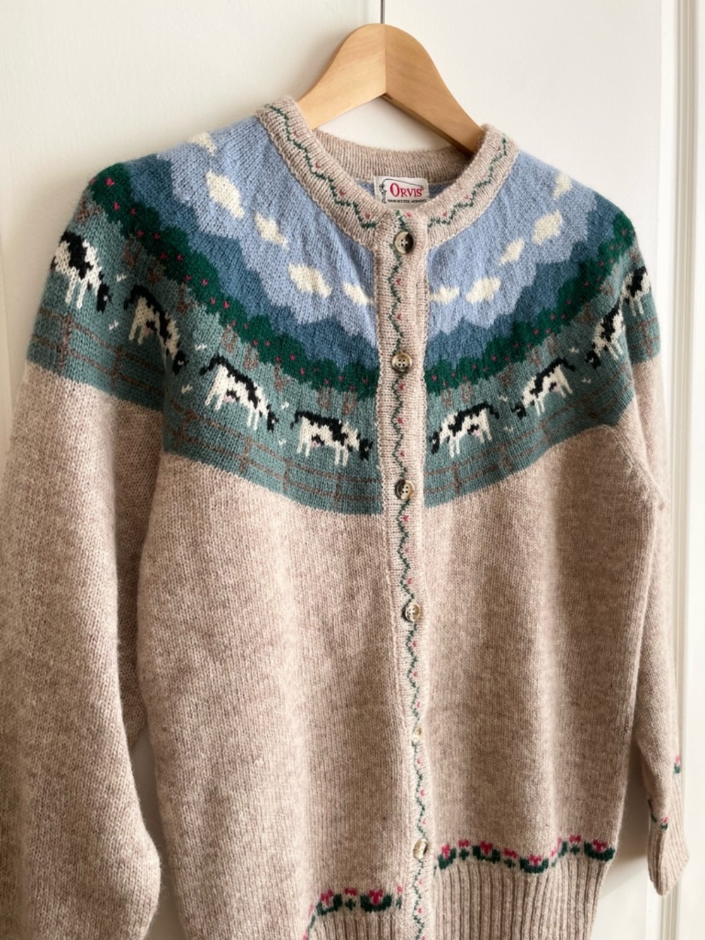 Vintage Orvis Wool Cow Cardigan Size L Cottagecore Knitted Grandma - Picture 4 of 6